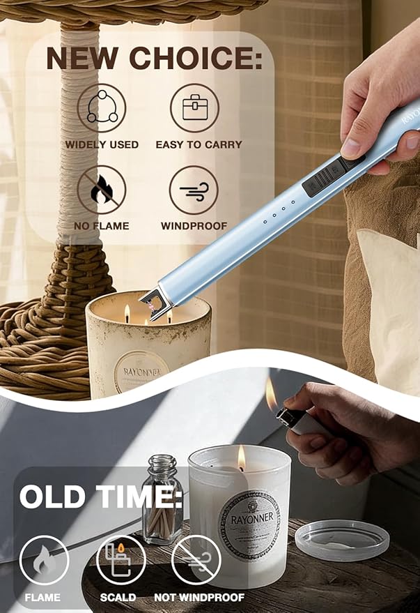 Electric Candle Lighter USB Rechargeable Plasma Arc Windproof Flameless with Safety Lock Ideal for Candle BBQ Camping Birthday Housewarming Gifts for Women & Men (Sierra Blue, 1 Count)