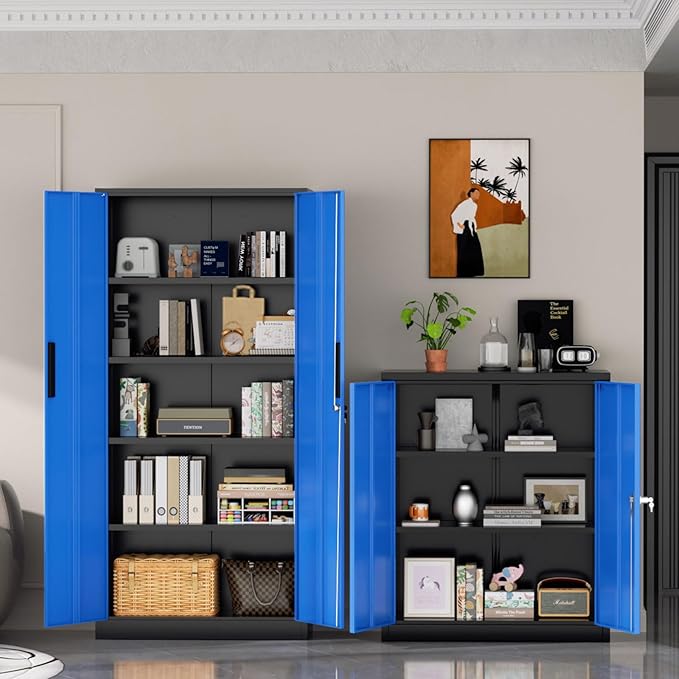 Superday Metal Storage Cabinets, 71" Storage Cabinet with Locking Door, Tall Garage Cabinet with 2 Doors and 4 Adjustable Shelves for Home Office, Classroom, Easy Assemble(Black Blue)