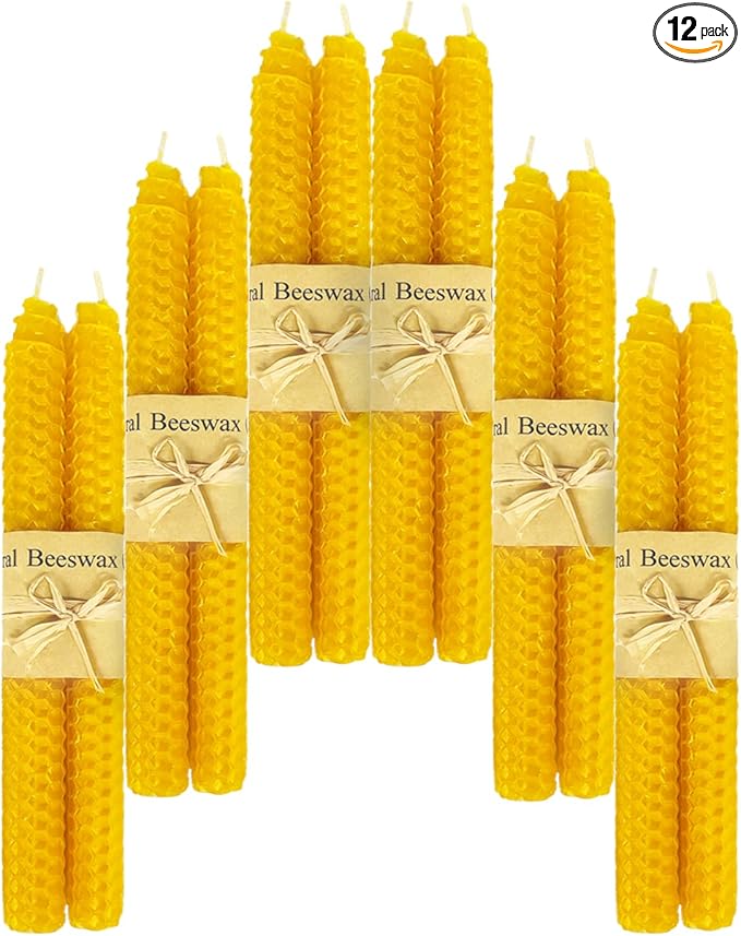 Lacaser Beeswax Tapered Candles Yellow 12pcs, 6 Pairs Unscented candlesticks Set, 9" Long, Natural Beeswax Sheet Handrolled, Burning Time 4 Hours, for Dinner Table Decoration
