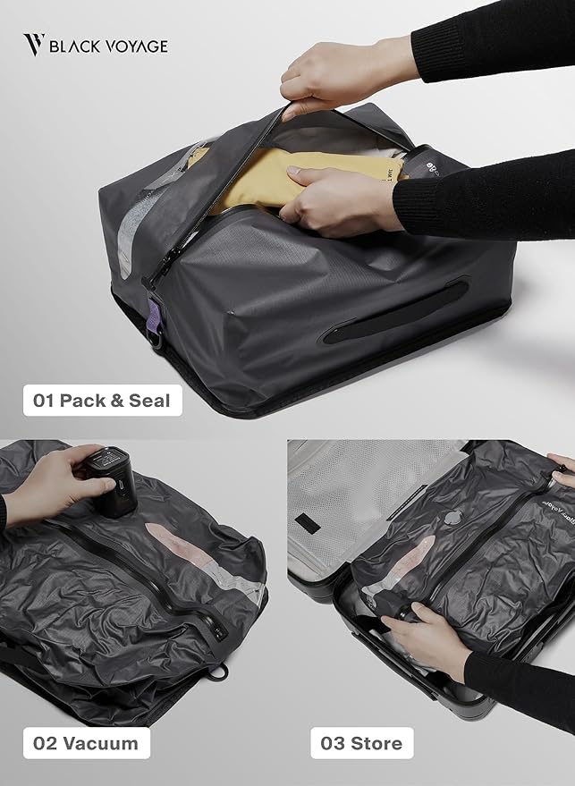 Black Voyage Reusable Vacuum Compression Travel Bag for Carry-On Suitcase and Backpack, Recycled IP67 Waterproof Space Saver Vacpack (3-Pack, 18L - No Pump)