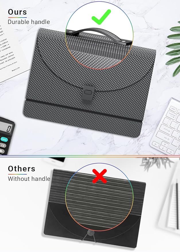 Expanding File Folder/Accordion File Organizer/Portable File Box with 13 Pockets,Fun Storage Filing Folders with Handle,Perfect for Standing and Carrying,A4/Letter Size,Colored Tabs,Black Diamond