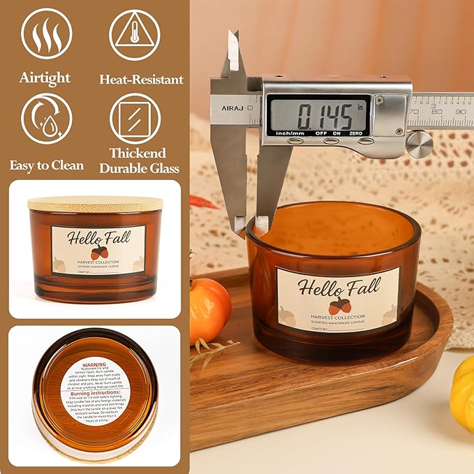 CONNOO 15 Pack 4oz Amber Glass Candle Jars with Bamboo Lids for Making Candles, Bulk Small Wide Mouth Glass Containers with Wick Kit for Candle Making, Ideal for DIY & Candle Business