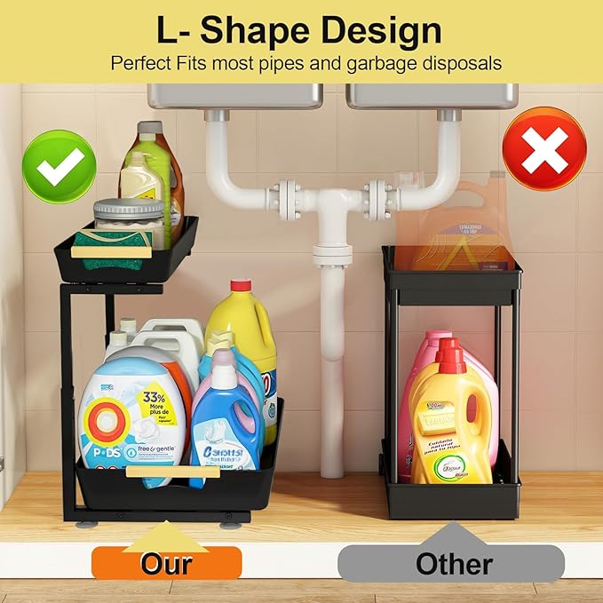 2 Pack Under Sink Organizer,2 Tier Pull Out Adjustable Height Under Cabinet Storage,Under Sink Storage for Kitchen Bathroom Cabinet