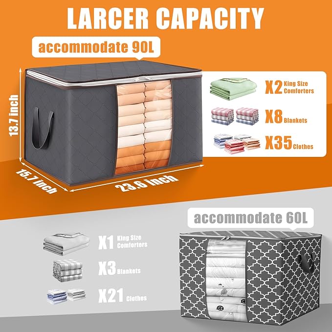 90L Large Foldable Storage Bags with Lids, 6 Pack - Closet Qrganizers and Storage Containers for Clothes, Blankets, Bedding | Reinforced Handles, Home Storage Bins, Gray