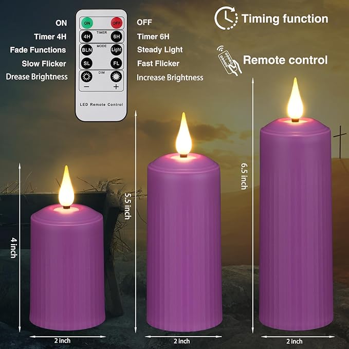 yunsheng Rechargeable Flameless Candles with Remote Timer, in/Outdoor Waterproof LED Flickering Pillar Candles Set of 6 (D2 x H4/5.5/6.5"), Battery Operated Purple Plastic Roman Column Candles
