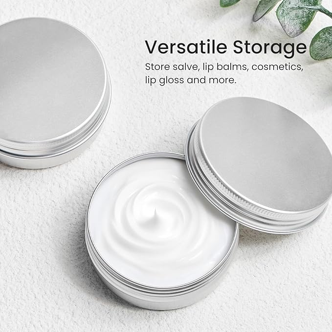 TUZAZO 48Pack 2 Oz Aluminum Tin Cans with Screw Lid and Labels, Refillable Travel Sized Cosmetic Containers Small Tins for Salves, Lotion Bars, Beard Balms, Candles
