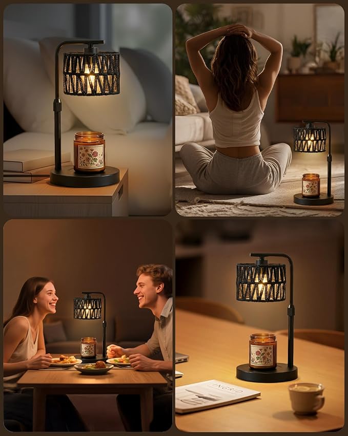 Candle Warmer Lamp, Timer Dimmable Candle Lamp, Adjustable Height and Brightness Candle Warmer, Black Boho Rattan Lampshade and 2 Bulbs, Suitable for Home Decor, Birthday Gifts for Women Mom
