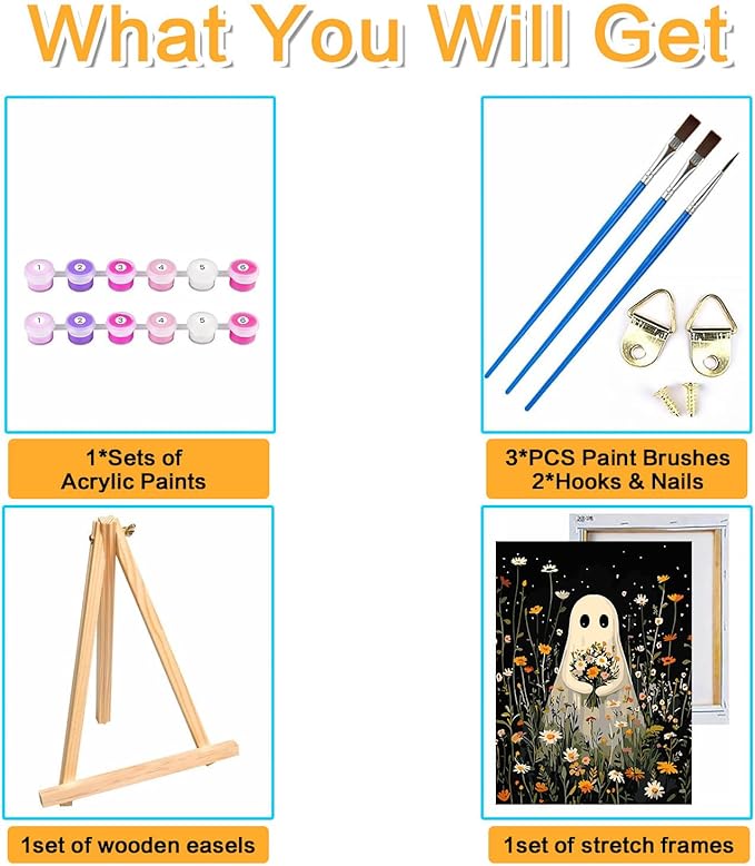 Meothan Framed Paint by Numbers Kits for Adults, Halloween Paint by Number for Adults Beginners, Paint by Numbers Kits on Canvas with Framed and Easel for Home Wall Decor 11.8x15.7inch (Ghost)