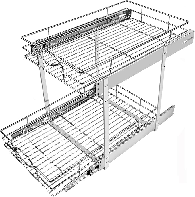 Sikarou Pull Out Cabinet Organizer 23" W x 21" D 2-Tier Individual Slide Out Drawer Pantry Shelf Storage for Kitchen Base Cabinet Organization for Kitchen, Bathroom, Pantry, Chrome