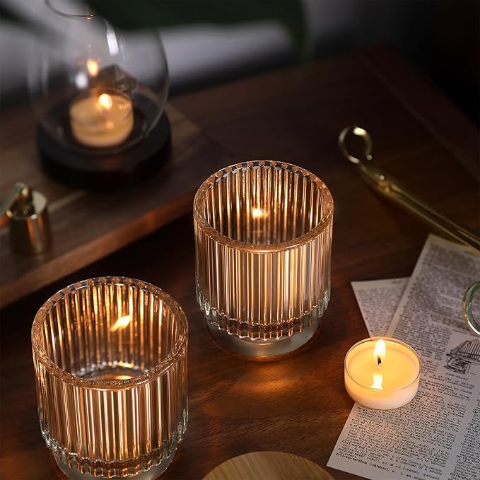 DEVI 7oz Empty Clear Ribbed Glass Candle Jars for Making Candles Set of 8,Glass Candle Jars with Bamboo Lids, Bulk Empty Candle Containers, Candle Tins Making Supplies, Wedding Favors