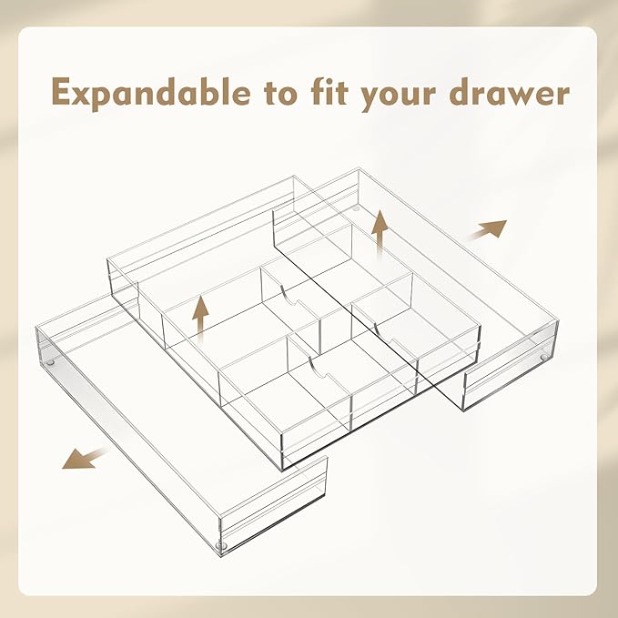 Briwooody 2 Pcs Acrylic Desk Drawer Organizer Maximum 12 x 18 x 2.1 Inch Expandable Drawer Organizer Trays with 8 Adjustable Compartments Desk Accessories for Makeup Silverware Office Bathroom