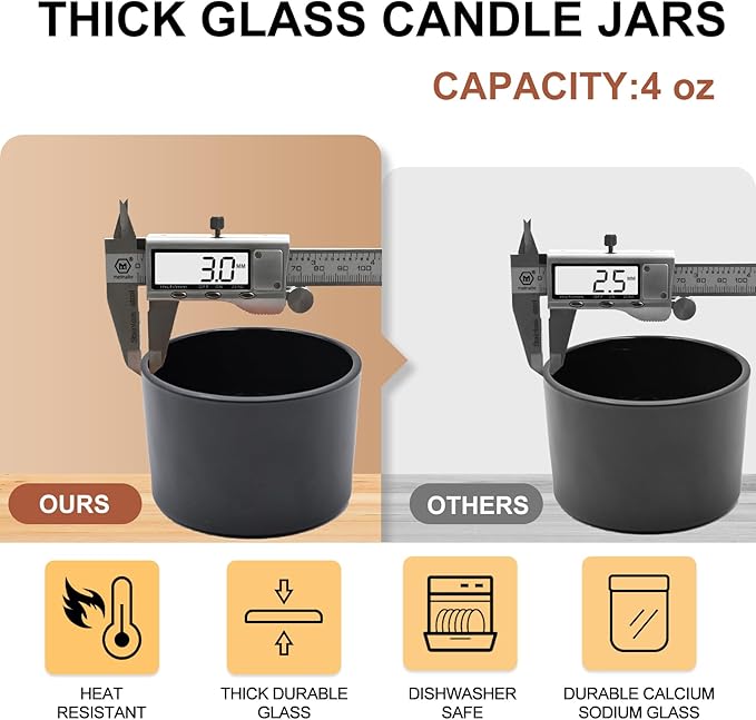 SHOWIN Thick Candle Jars for Making Candles 16 Pcs, 4 OZ Empty Jars with Wood Lids for Candle Making, Sample Container - Dishwasher Safe,Matte Black