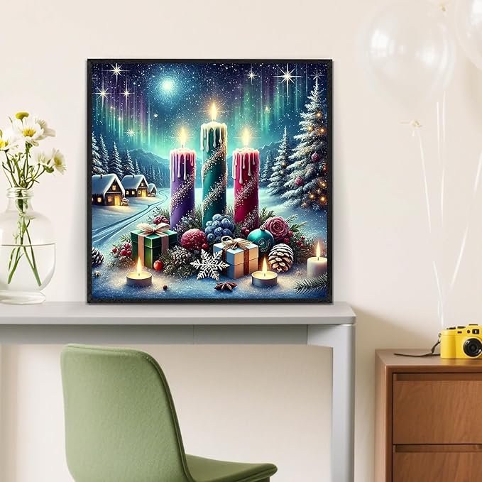 Winter Christmas Candle Tree Diamond Painting Kits for Adults, 5D Diamond Art Kits for Adults Beginners,DIY Full Round Drill Diamond Dot Painting Gem Art Kits for Adult,Home Wall Decor 13.8x13.8 Inch