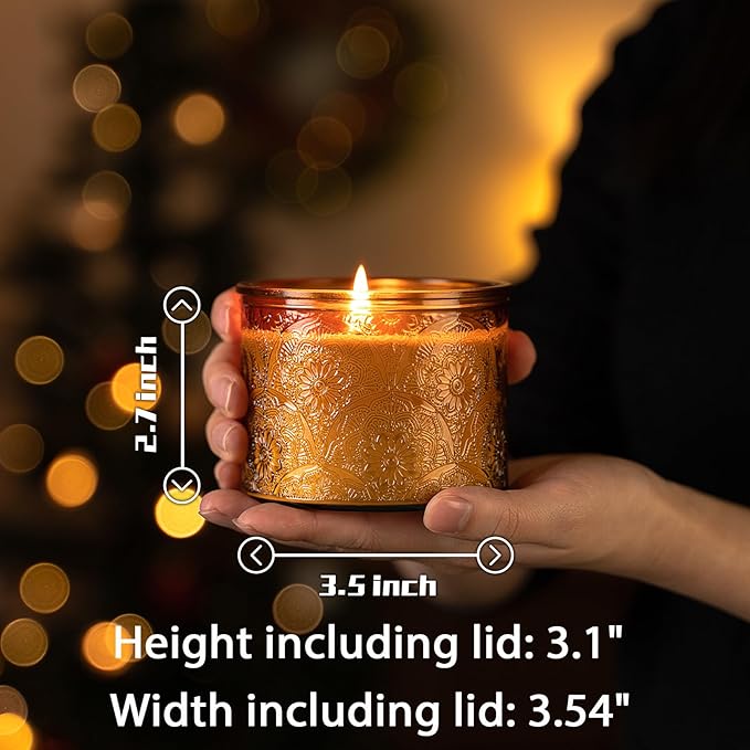 10 oz Embossed Glass Candle Container with Bamboo Lids and Labels,Amber Candle Jars for Making Candles,Mandala Design - Pack of 9