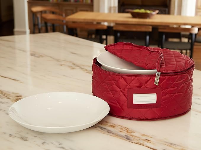 Covermates Keepsakes Dish Storage Case – Padded China & Dinnerware Organizer, Quilted Polyester Protection, ID Window, Zipper Closure, Machine Washable, Red