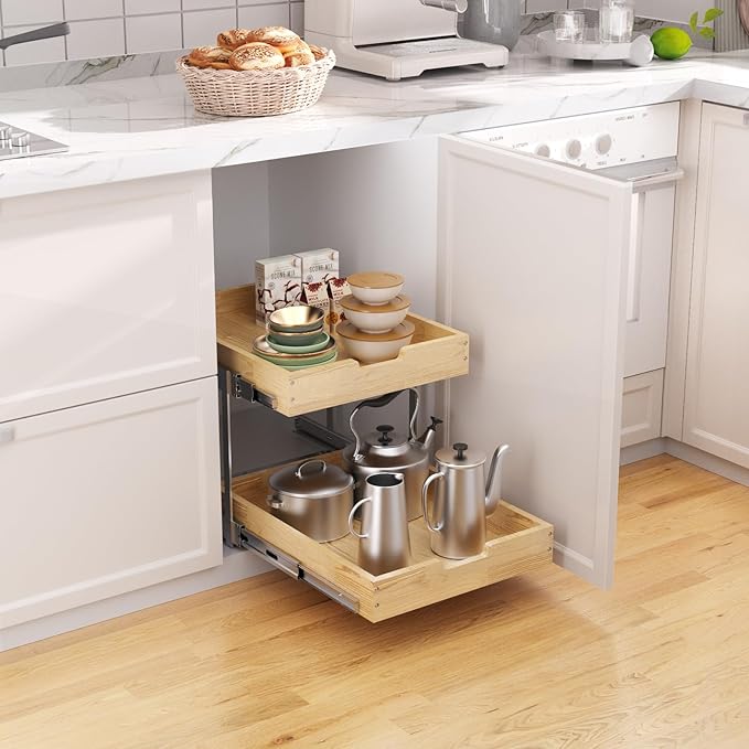 Sikarou Wood Pull Out Cabinet Organizer 2 Tie 17" W x 21" D, Heavy-Duty Sliding Drawers for Inside Cabinets Storage and Organization for Kitchen, Pantry, Bathroom