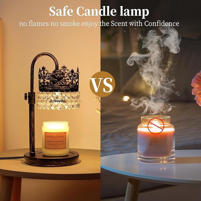 Candle Warmer Lamp with Timer Dimmer Adjustable Height with 2 Bulbs Crystal Candle Lamp Elegant Home Decor for Valentine's Day Gift Wax Melt Warmers for Women Birthday Gift (Black Gold Brushed)
