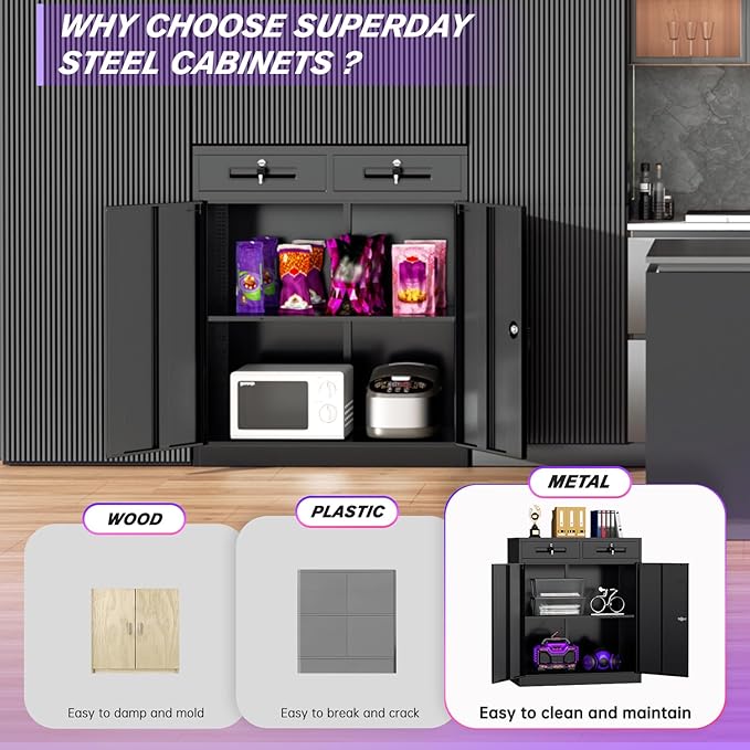 Superday Lockable Storage Cabinet with 2 Drawers, 36" Metal Storage Cabinet with Locking Doors and Adjustable Shelves, Black Metal Locking Cabinets for Home Office Garage School