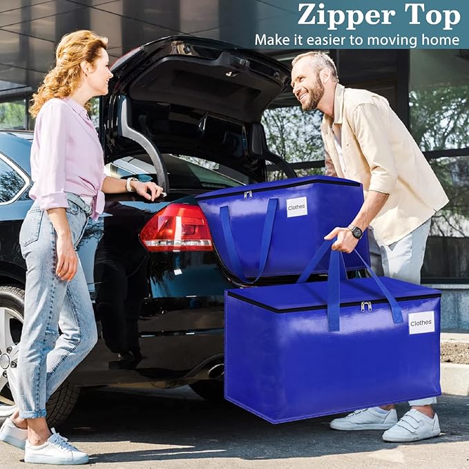 HomeHacks Moving Bags Heavy Duty with Strong Zippers and Handles Collapsible Moving Supplies, Storage Totes for Packing & Moving Storing 93L,10-Pack, Blue