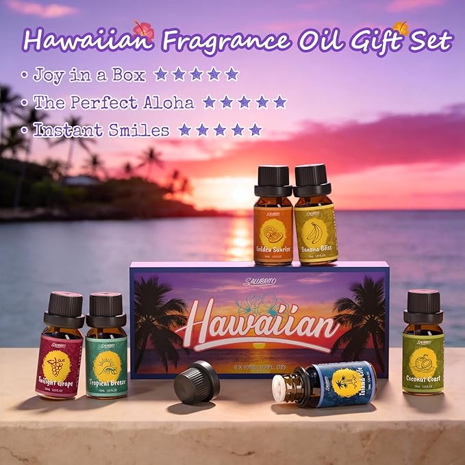 SALUBRITO Hawaii Fragrance Oils Set, Summer Essential Oils for Diffuser, Candle, Soap Making, Tropical Breeze, Island Life, Banana Bliss, Twilight Grape, Coconut Coast, Golden Sunrise Scented Oil