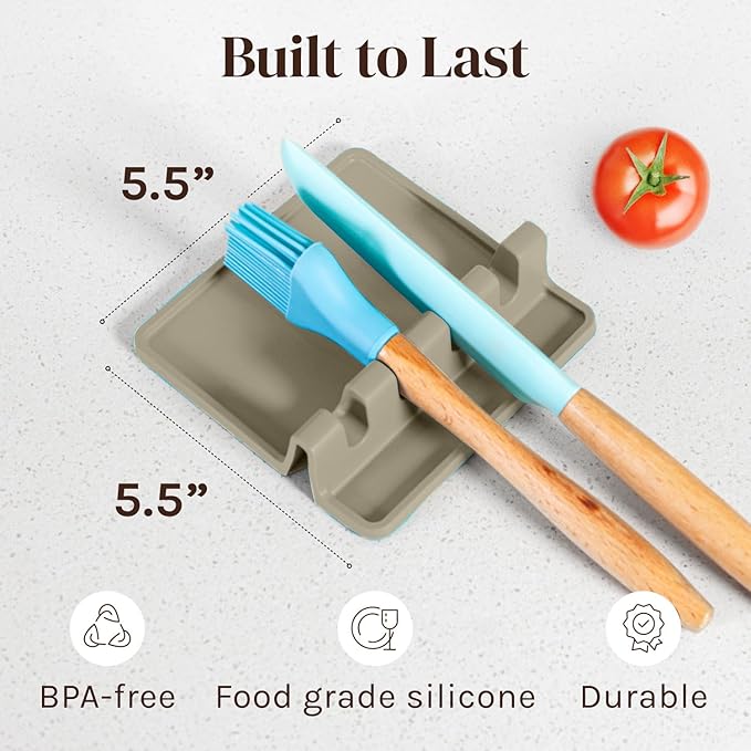 Cooler Kitchen Sage Silicone Spoon Rest for Stove Top with Drip Pad (Two Pack) - Heat Resistant BPA Free Utensil Rest & Spoon Holder for Kitchen Counter - Grill Utensil Holder - Spatula Holder