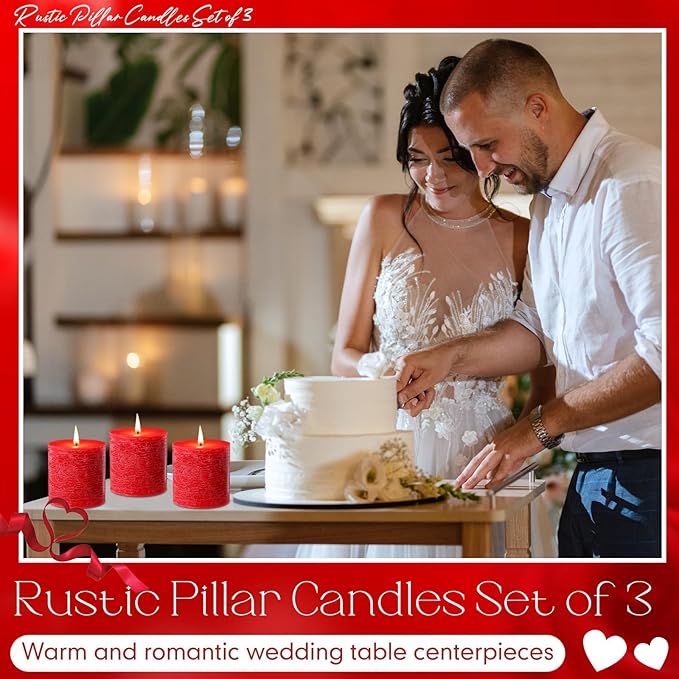 Sumind Valentine's Day Handmade 3x3 Inch Pillar Candles Set of 3, 24 Hour Long Burning Unscented Rustic No Drip Ivory Candles Hand Poured for Spring Home Decor, Weddings, Parties,Dinner,Church(Red)