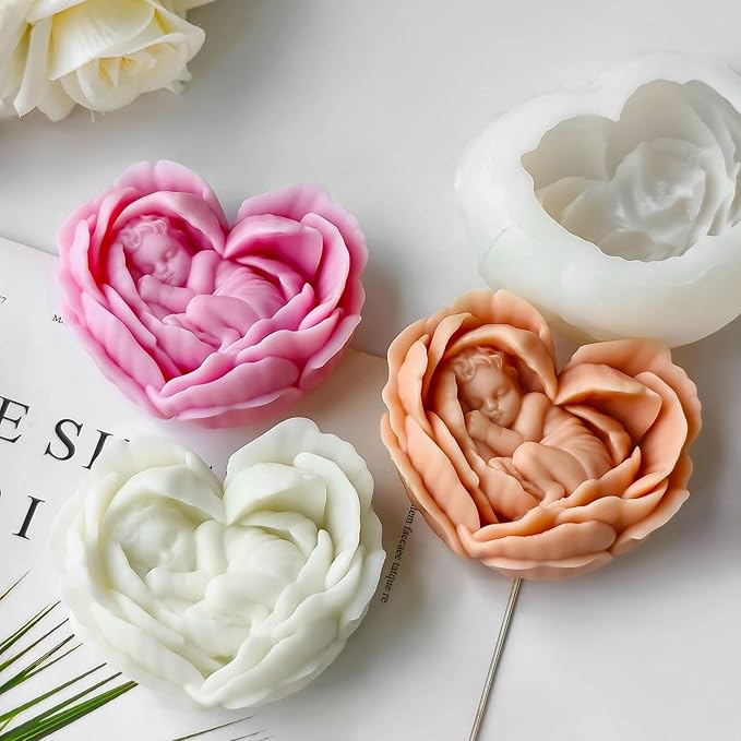 Rose Flower Candle Mold for Candle Making, 3D Heart Silicone Mold for Resin Casting DIY Plaster Polymer Clay Home Decoration