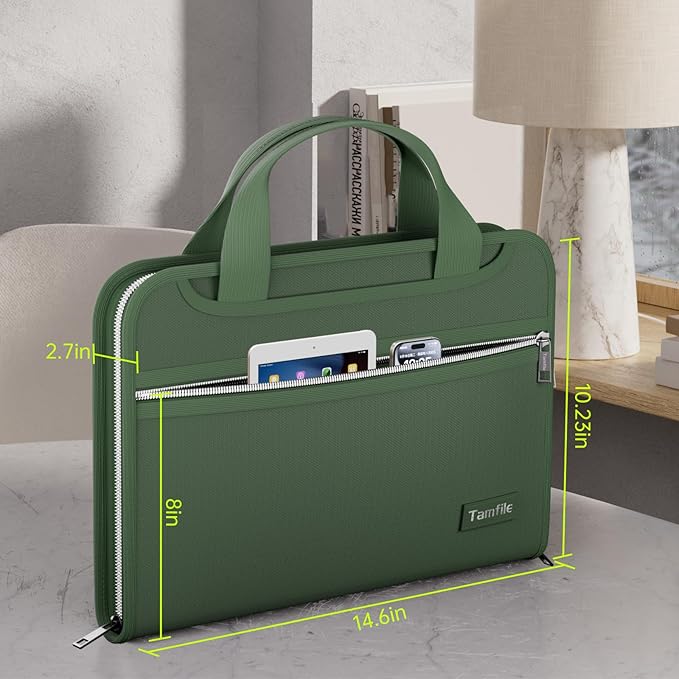 Fireproof Accordion File Organizer with Handle, 13 Pocket Expanding File Folder with Zipper & Labels, File Folder with 3 Ring Binder, Multi Pockets Paper Organizer Folder for Letter A4 Files (Green)