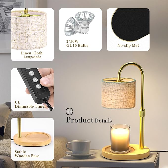 Gold Candle Warmer Lamp with Timer Dimmer, Height Adjustable Electric Candle Warmer Wax Heater with Wooden Base 2 Bulbs, Birthday Gifts for Women Her, Mom, House Warming Gifts New Home