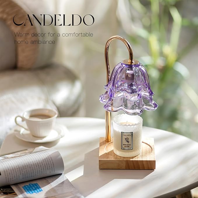 Candeldo Candle Warmer Lamp with Timer: Purple Flower Candle Warming Lamp with 2 Bulbs Height Adjustable Wax Warmer Dimmable Bedroom Decor Mothers Day Gift for Women