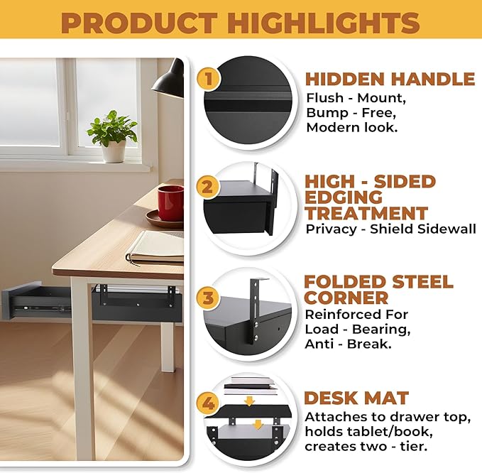 POPMOON Under Desk Drawer For Desk 16.6in,Adjustable Height, Pull out Storage Organizer with Slide Extension Mounted Under Flat Wooden Table or Workbench, Carbon Steel Hidden Desk Drawer