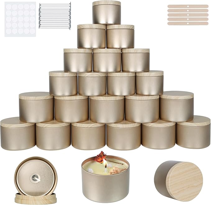CONNOO 24 Pack Candle Tins, 12pcs 8 OZ & 12pcs 4 OZ Champagne Gold Jars with Metal Wood-Grain Lids for Making Candles, Bulk Empty Containers for Candle Making, Wick Kit Included