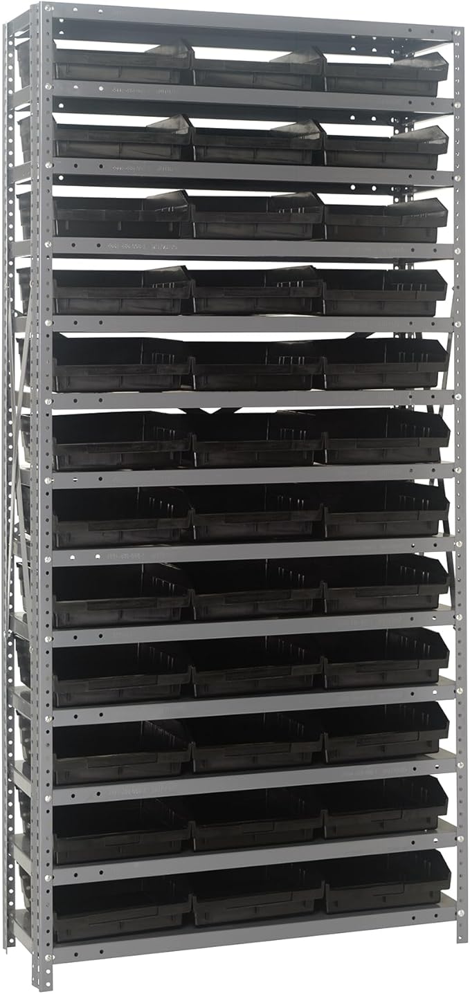 Quantum Storage Systems 1275-109BK Steel Shelving Unit with 4" Shelf Bins, 12" D x 36" W x 75" H, Black