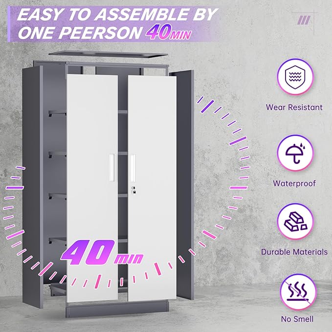 Superday Metal Storage Cabinets, 71" Storage Cabinet with Locking Door, Tall Garage Cabinet with 2 Doors and 4 Adjustable Shelves for Home Office, Classroom, Easy Assemble(White Grey)