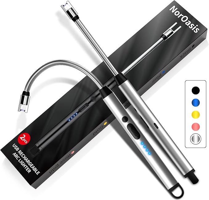 2-Pack Rechargeable Electric Candle Lighters, Flameless Windproof Long Lighter with 360° Flexible Neck and LED Display for Candles, Camping, BBQ & Fireplace (Silver)