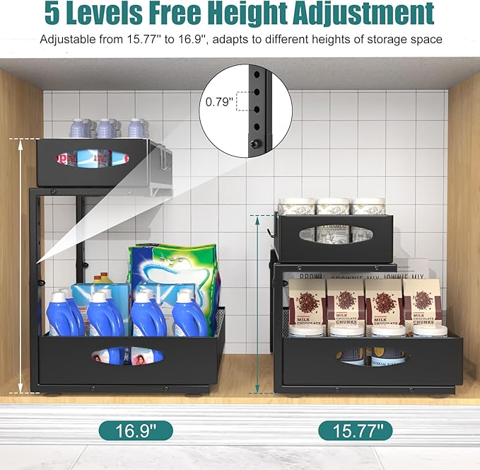 Housolution 1 Pack Large Under Sink Organizer, 2 Tier Metal Pull Out Under Sink Storage with Sliding Mesh Drawers, Height Adjustable Slide Out Under Cabinet Organizer for Kitchen Bathroom, Black