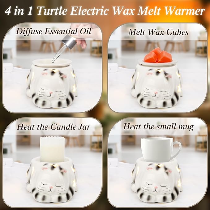 LESES Electric Wax Melt Warmer, Cat Ceramic Wax Melter for Scented Cubes, 4-in-1 Candle Burner Scentsy Fragrance Oil Warmer Bedroom Home Decor Gift for Mom Grandma