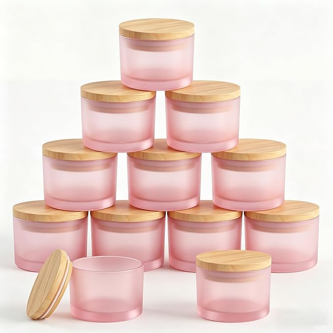GLATABAM 4 OZ Candle Jars 12 Pack - Bulk Glass Candle Making Jars with Bamboo Lids & Labels, Heat Resistant Empty Reusable Candle Vessel for Containers(Frosted Powder)
