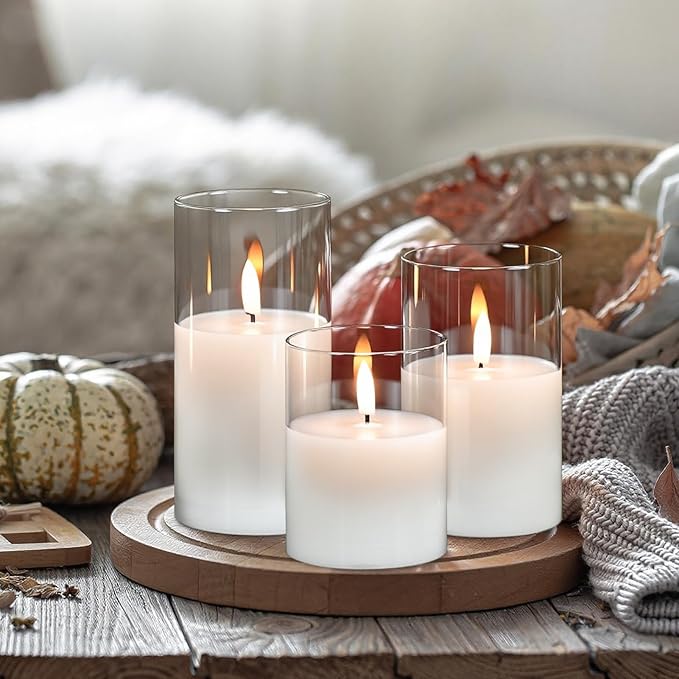 Rechargeable Candles with Remote Timer, Clear Glass Flameless Candles Flickering with Charging Cable, 3 Pack Real Wax LED Pillar Candle for Halloween Christmas Home Decor (D3” x H4”5”6”)