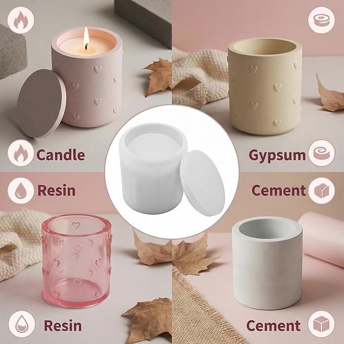3D Heart Emboss Lidded Cylinder Silicone Mold, Candle Holder Storage Jar Mold for DIY Candle, Plaster Ornament, Romantic Home Decor & Craft Making