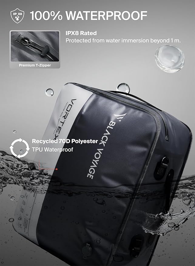 Black Voyage Reusable Vacuum Compression Travel Bag for Carry-On Suitcase and Backpack, Recycled IP67 Waterproof Space Saver Vacpack (1-Pack, 41L - Pump Included)