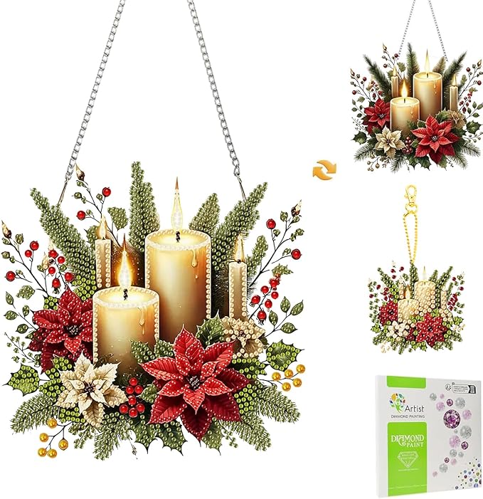 Masendp Candle Diamond Art DIY Hanging Decoration Kit, Suitable for Adult Beginners, Special Shape Diamond Art kit for Christmas, Crystal Diamond gem Art for Home Garden wall Decoration.