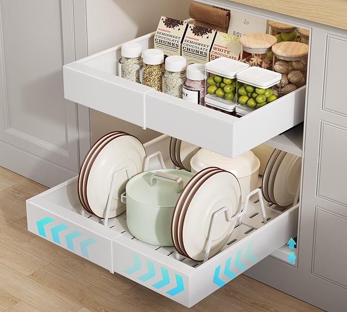 Seinloes 2 Pack Pull out Cabinet Organizer 21" Deep With Raising Pad for Framed Cabinets, Expandable Slide out Drawers for Kitchen Cabinets with 4pcs Divider Racks, Roll out Shelves 9"-14" W White