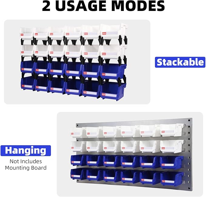 Stackable Parts Organizer 24 Pack (5x4x3 Inch), Small Parts Bins Wall Mounted Hanging Storage Bins for Screw, Hardware, Garage, Workbench & Office (Blue & Red)