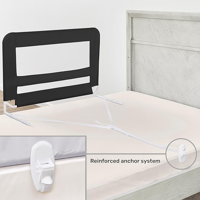 Dream On Me Mesh Security Bed Rail – Toddler Safety Guard with Breathable mesh, Reinforced Anchor System, Lightweight, Portable, fits Adult Twin-Size beds, Black