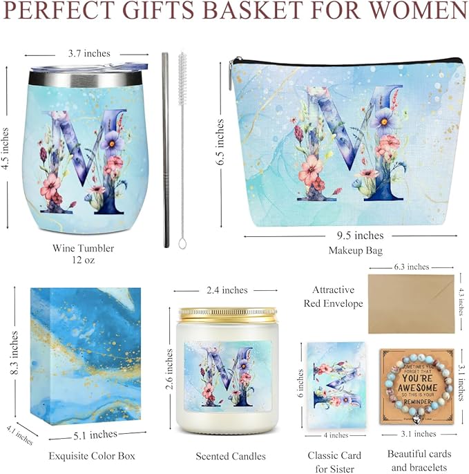 Personalized Gifts Monogrammed Birthday Gifts for Women, Her, Teacher Mother in Law Wedding Christmas Initial Wine Tumbler Makeup Bag Scented Candle Bracelet Set, (Aesthetic Blue Flower M)