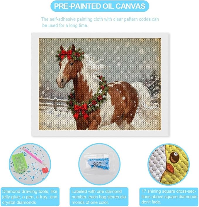 AIVKIEJK Diamond Painting Kits for Adults - Christmas Festive Holiday Horse with Snowy Mane Painting DIY 5D Full Drill Diamond Dots Paintings with Diamonds Gem Art and Crafts Home Decor 12"x16"