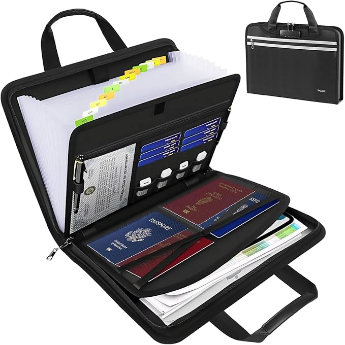 Accordion File Organizer with Lock, Fireproof Expanding File Folders with 13 Pockets Important Document Organizer with Handle & Labels, Portable Document Folder for Letter A4 Files and More
