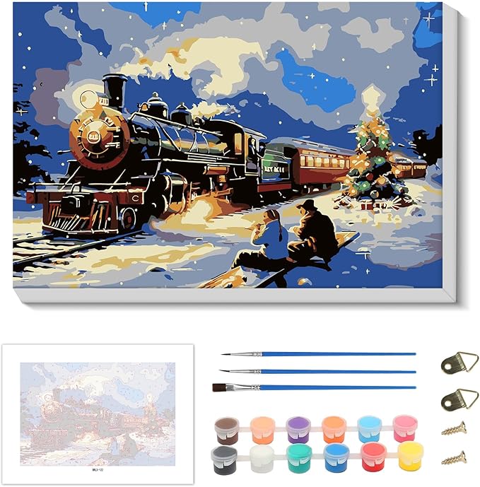 Skyboda Christmas Paint by Numbers Kit for Adults Beginners with Frame, Christmas Train Adult Paint by Number Kits on Canvas, Easy DIY Oil Painting Kits for Home Decor, 8x12in