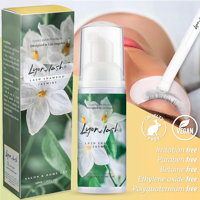 Lyon Lash Eyelash Extension Shampoo (Jasmine), Gentle Formula Paraben & Sulfate Free, Oil Free Foam Cleanser Kit | Remove Eye Makeup & Oil & Dust | Professional Salon And Home Use (60ml + 1 mascara wand + 1 cleansing brush)